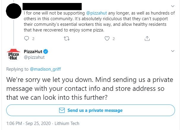 Pizza Hut tweeting an apology to a customer on social media