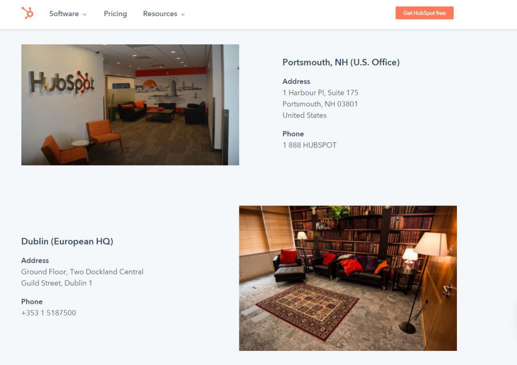 Hubspot's contact page, showing multiple locations with images of each location.