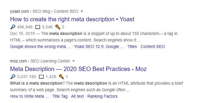 Meta descriptions for optimized blog posts in the search results.