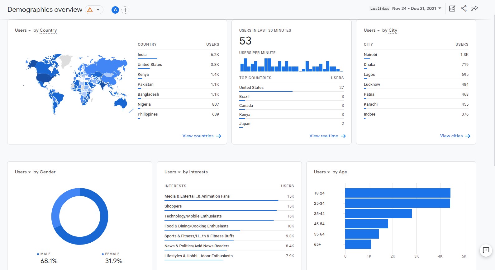 Audience analysis overview screen in Google Analytics